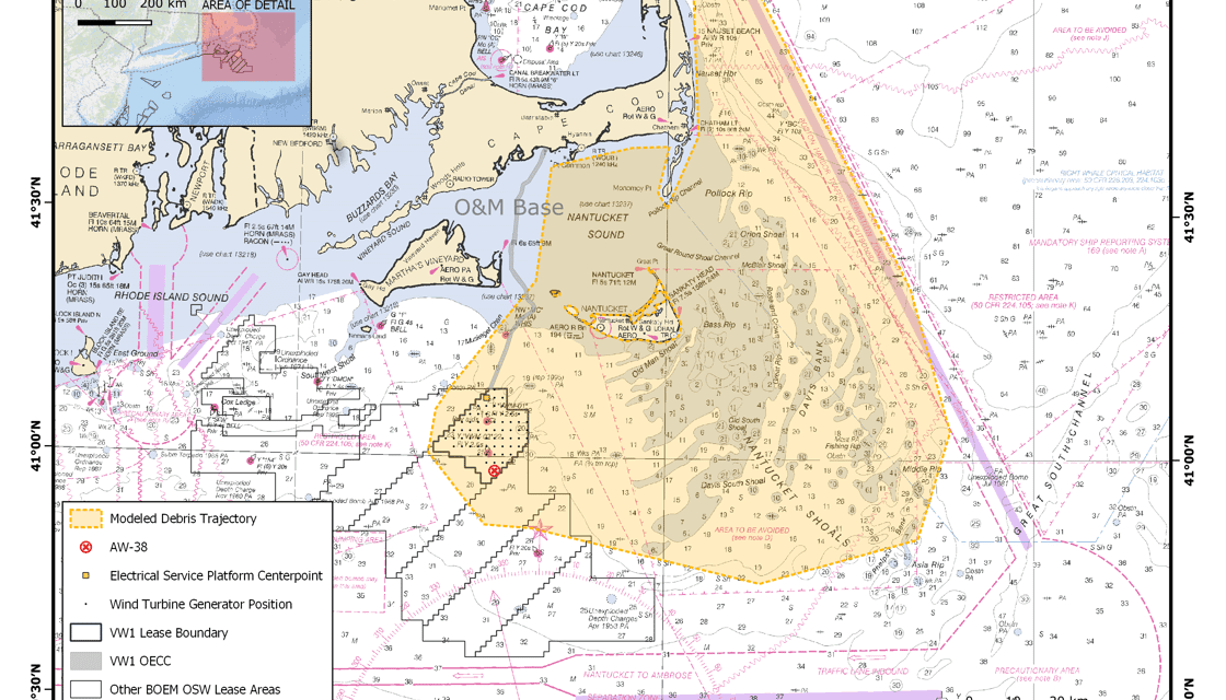 Pale de l’Haliade-X de GE Vernova du parc en mer Vineyard Wind 1 : la zone est balisée